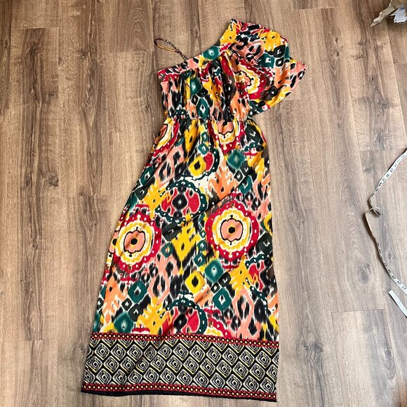 Angie One Shoulder Asymmetrical Colorful Festival Artsy Maxi Dress Sz S - Picture 5 of 11